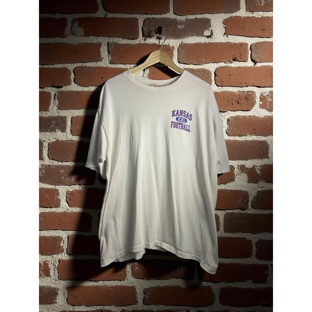 Vintage Kansas Football T-Shirt – XXL – Made in USA – White – 100% Combed Cotton